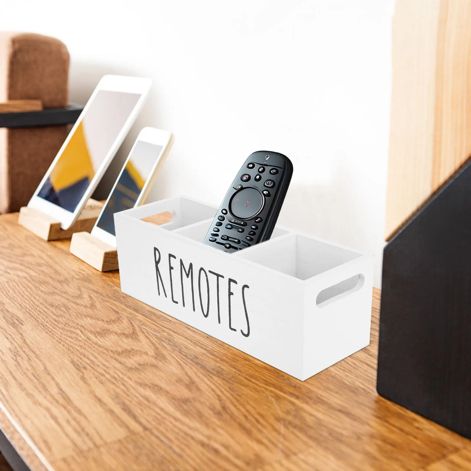 

Wooden Remote Control Holder 3 Compartments Media Storage Box For Table Bedside Desktop Multifunctional Space Saving Office