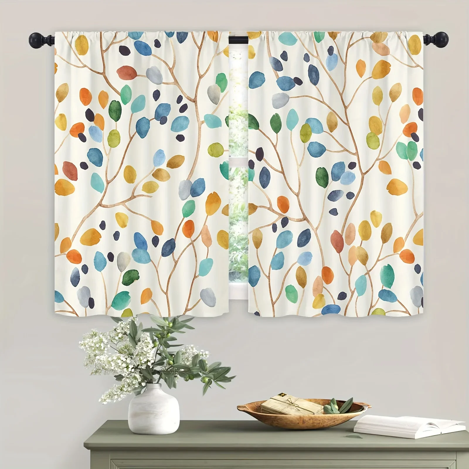 Colorful Leaves Kitchen Curtains 2 Panels Set Cafe Curtains Farmhouse Country for Bathroom Living Window Drapes