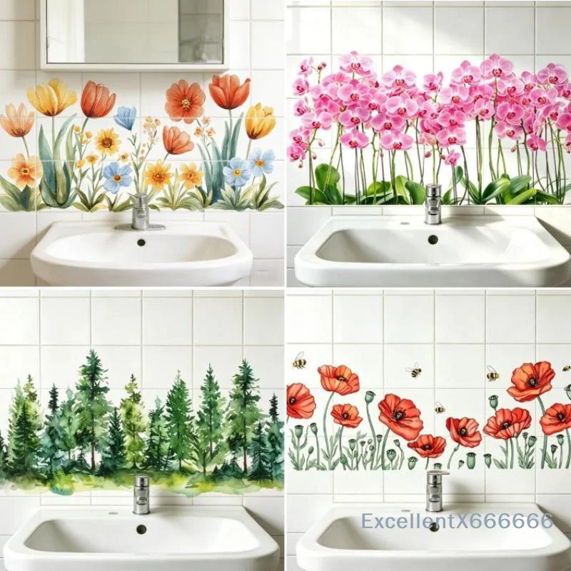 Fresh Floral Pattern Sink Area Background Wall Sticker Bathroom Wall Decoration Self-Adhesive Removable Waterproof Creative Stic