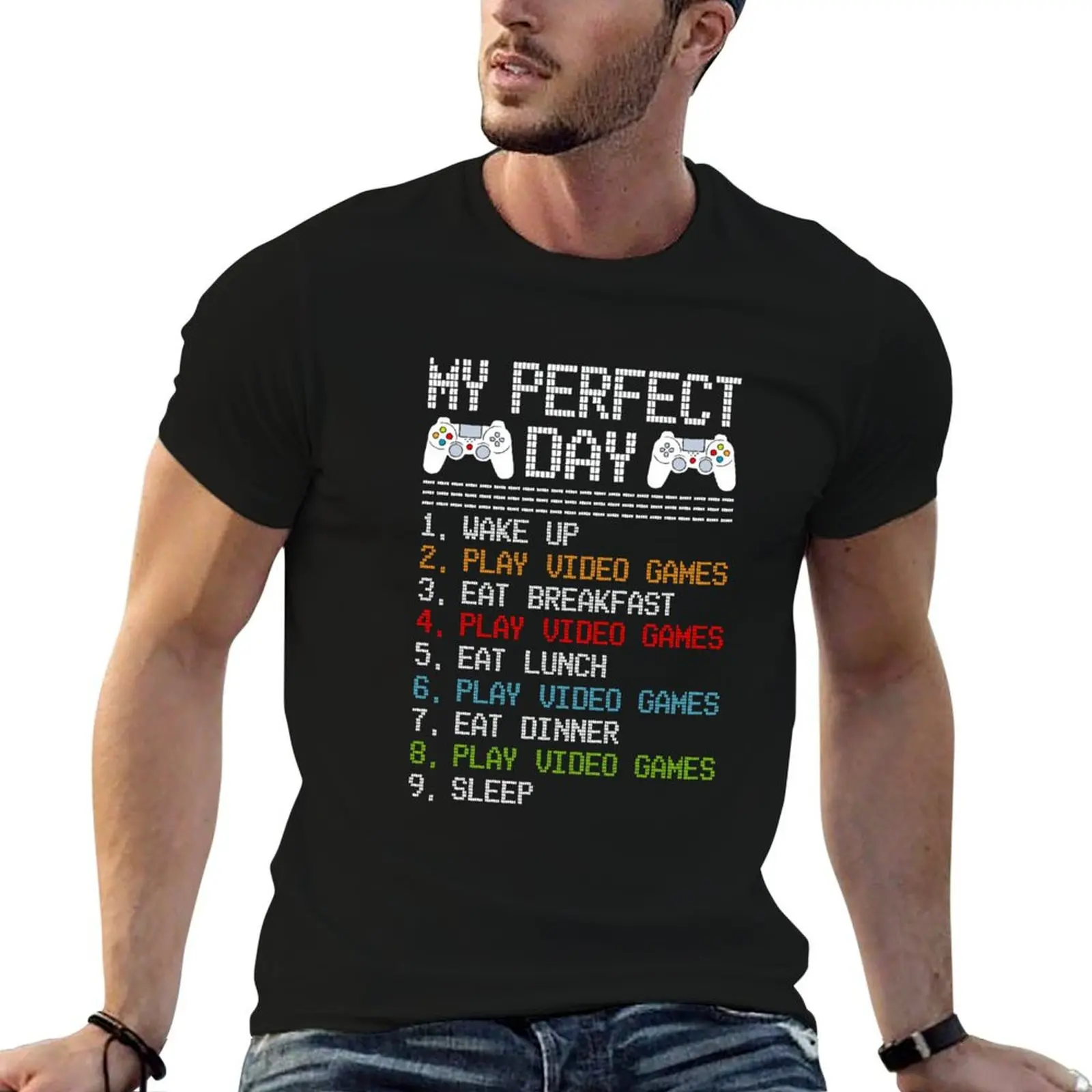Mi día perfecto Video Gamer rutina diaria divertido día del jugador diciendo juego camiseta hombre gráfico camiseta hombre camisetas camiseta gráfica