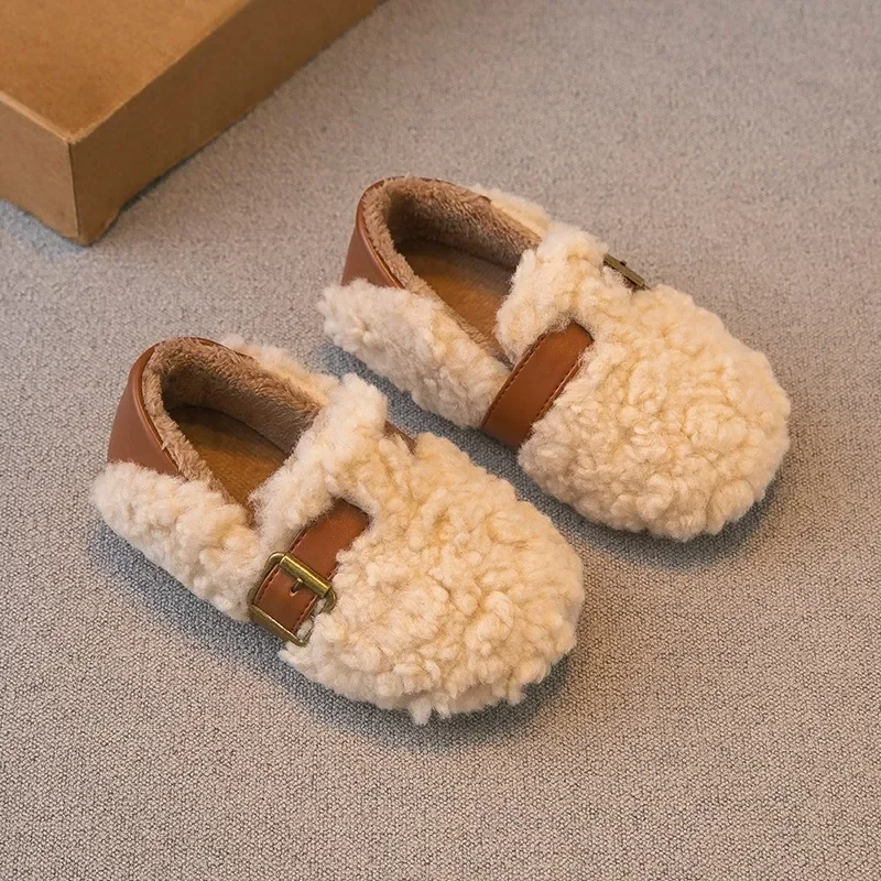 Kid Shoe Girl with Cashmere Cotton Shoes 2023 Winter New Lamb Wool Bean Shoes Soft Sole for Kid Woolen Shoes Non-slip Girl Shoe