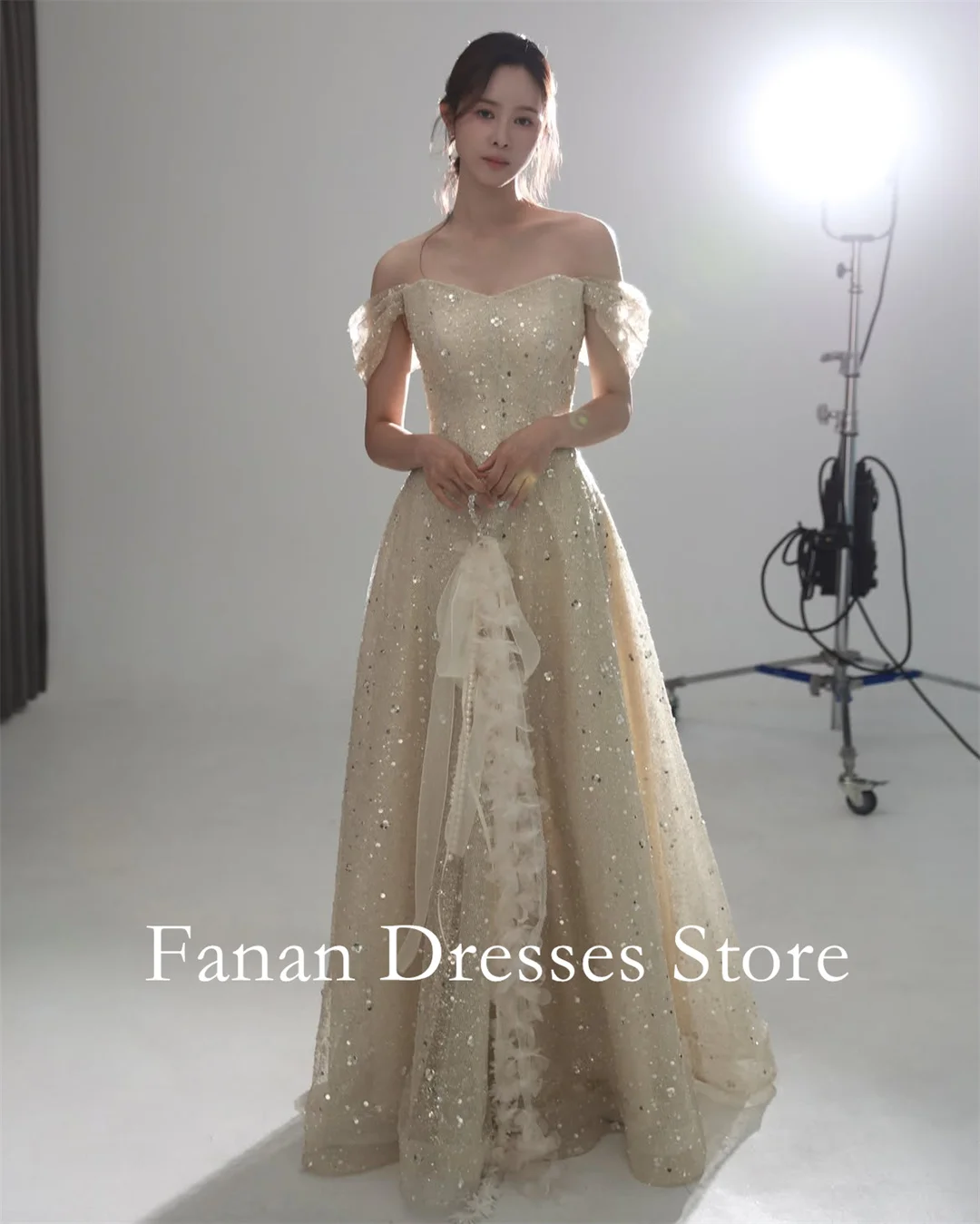 FANAN Strapless Glamorous Champagne Off‑the‑Shoulder Puff Sleeve Sequin Evening Dresses Tulle Floor‑Length Prom Gown