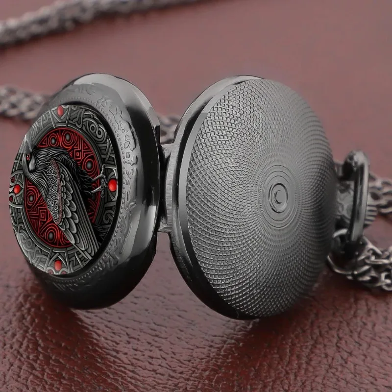 Gothic Style Raven Pocket Watch Retro Black Quartz Pocket Watch Necklace Chain Antique Crow Theme Collectible Souvenir Gift