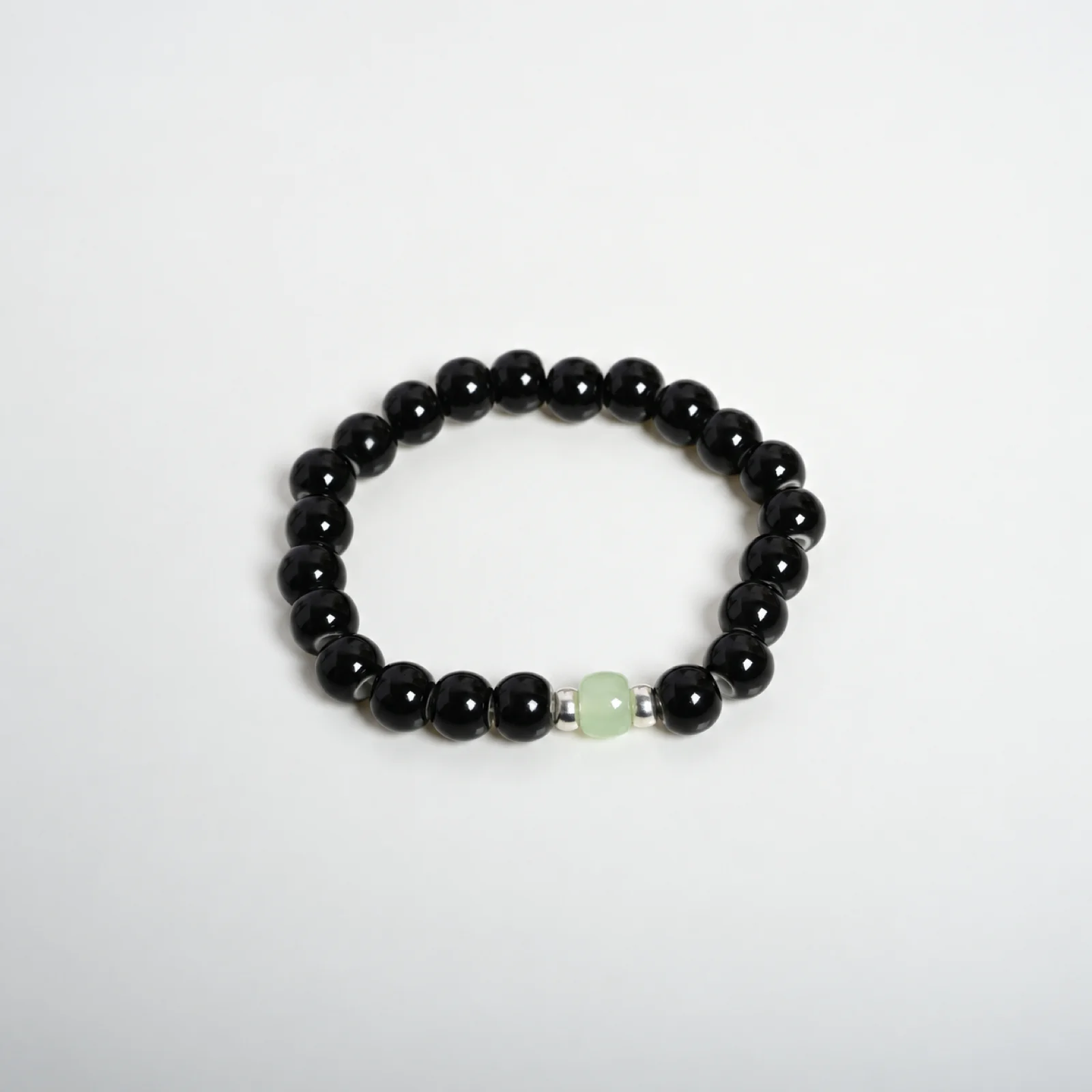 Handmade Ceramic Bead Bracelet with Glass Accents and Metal Findings Black Jade Tone Braided Stretch Jewelry 609P1-20
