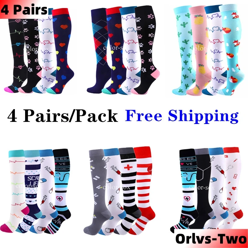 4 Pairs/Pack Compression Socks High Sports Socks for Women Men Running Hiking Edema Diabetes Varicose Veins Socks 20-30mmHg