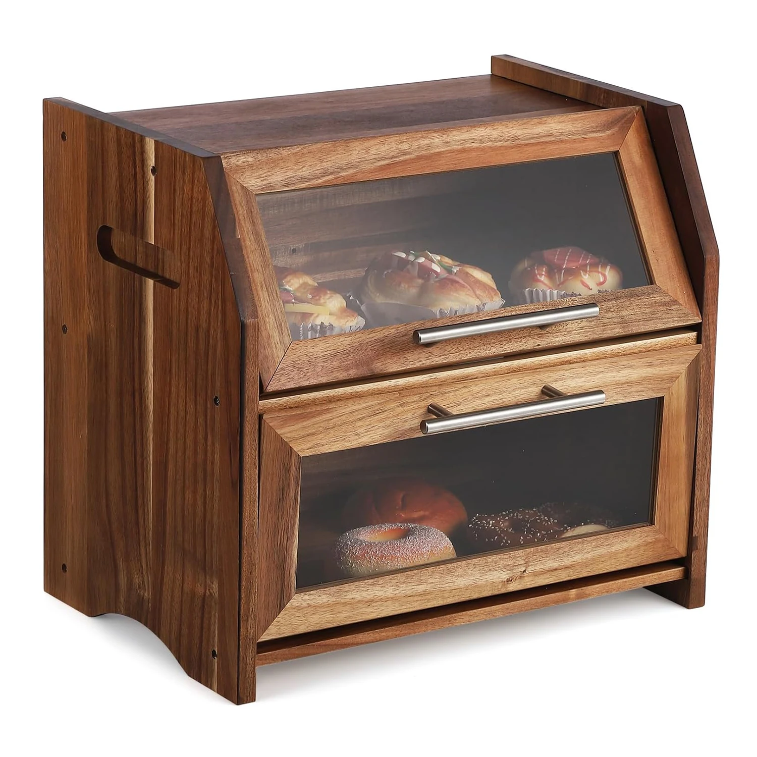 Two Tier Acacia Wood Bread Storage Box with Clear Window
