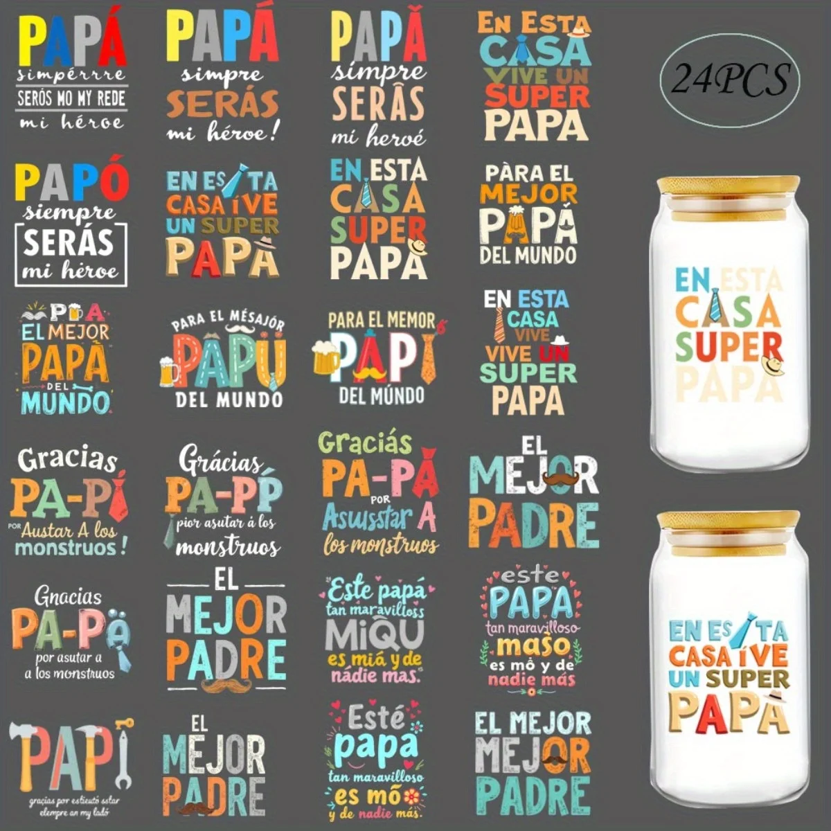24Pcs/Set Father's Day Quotes Spanish DIY Glass Jars Wrap Stickers Coffee Cups UV DTF Transfers Decor Sticker On Mugs