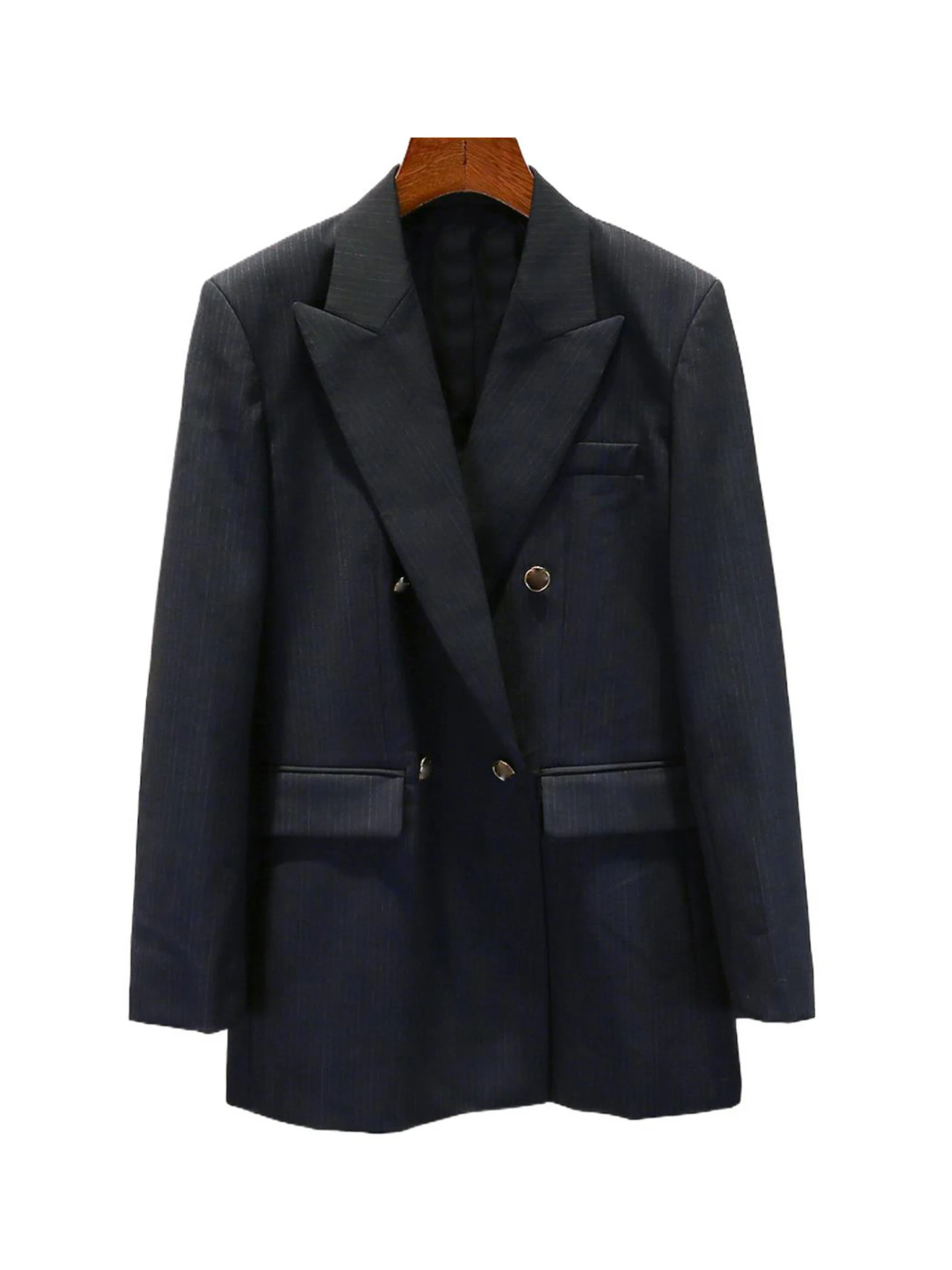 Ele Women's Striped Suit Jaet Double Buttoned High-End Sle Casual Stand Fit Breathable Long Sve Faion Outerwear