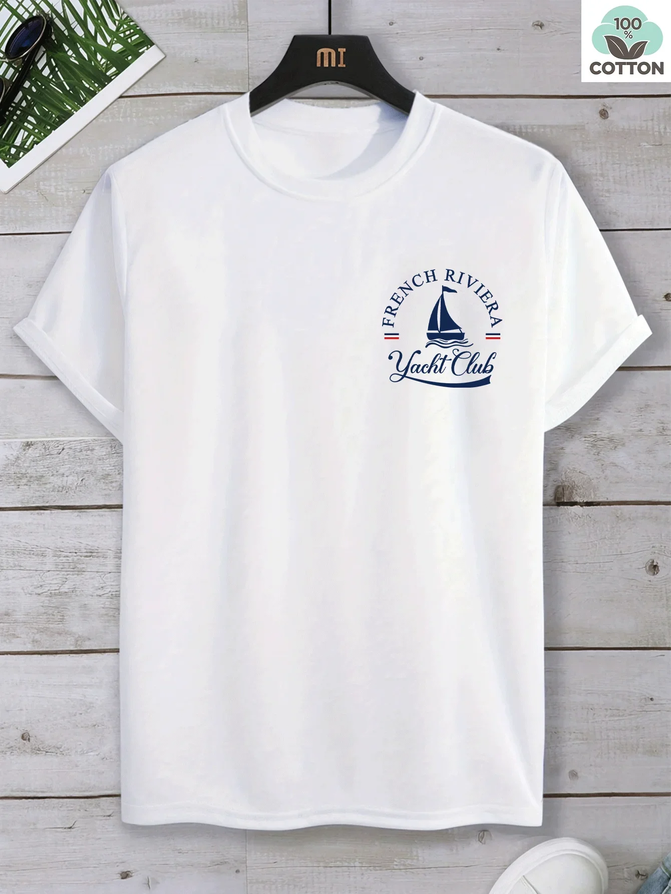 Men's 100% Cotton T-Shirt French Riviera Yacht Club Print Nautical Sailboat Short Sleeve Casual Tee For Men Summer Coastal Style