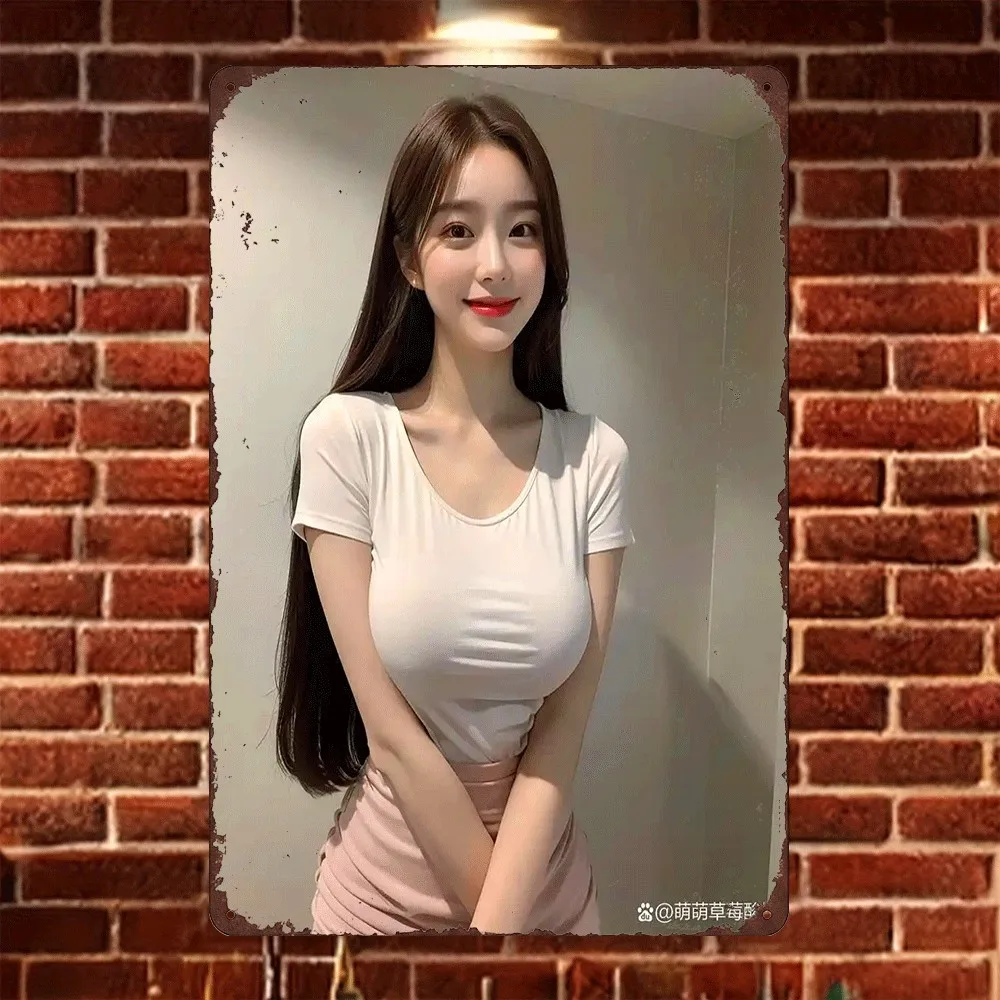 HD Tin Sign Vintage Cute Asian Girl in White T-Shirt & Pink Skirt Metal Wall Art Retro Decor for Bar Cafe Home