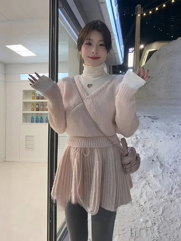 

Sweet Pink V-Neck Cross Knitted Sweater Skirt Set Women's Autumn Winter Fashion High Waist Elastic Short Style Two-Piece Suit