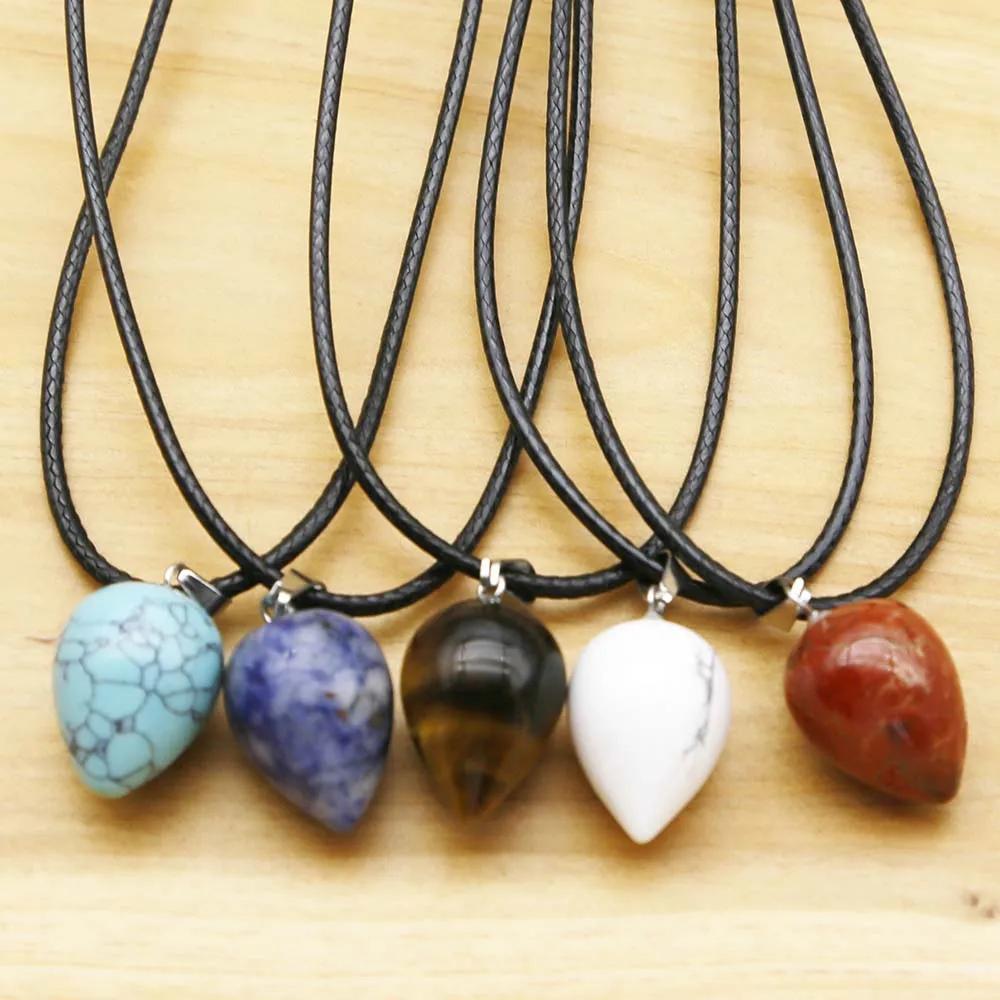 Natural Stone Water Drop Multicolor Leather Rope Necklace Pendant Reiki Charm Jewelry Accessories Wholesale Festival Gifts 10PCS