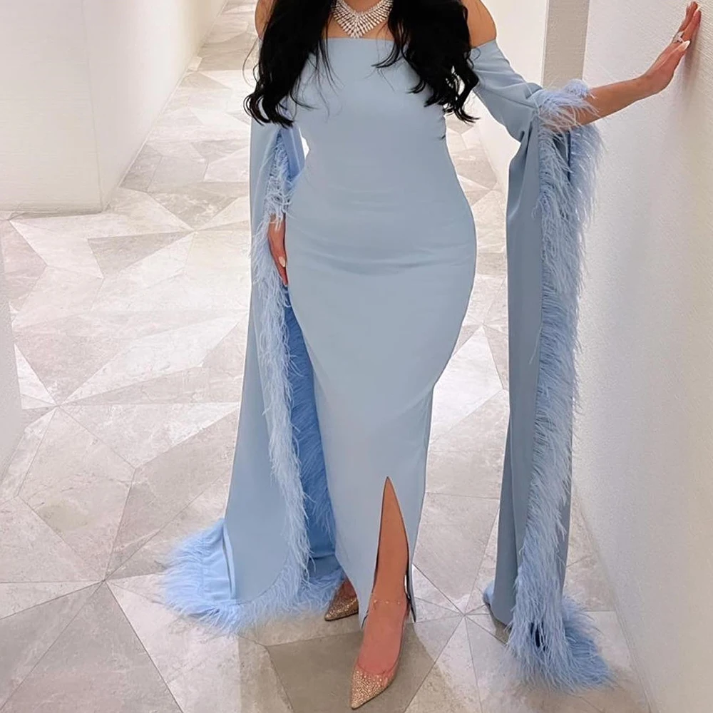 

Strapless Evening Dress Off the Shoulder Sheath Jersey Feathers Ankle Length Sweep Long Sleeves Solid Color For Formal Occasions