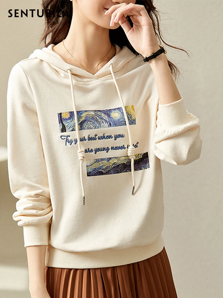 SENTUBILA Graphic Hoodies for Women Pullover Print Embroidery Hooded Sweatshirts 2024 Spring Fashion Long Sleeve Tops 123A43517