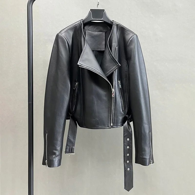 

New 2023 Real Leather Jacket Spring Autumn New Arrivals Women Genuine Sheepskin Leather Coat Belt Lady Crop Jackets FG5566