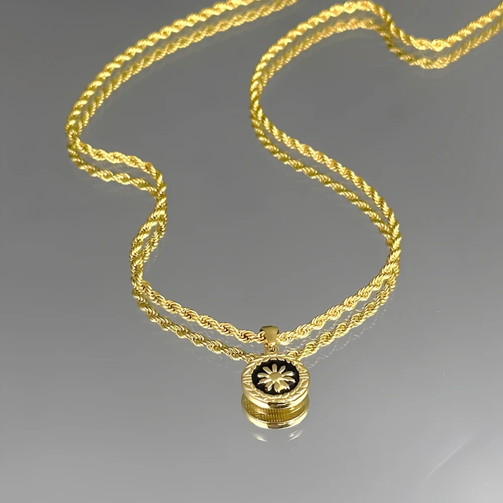 Vintage Runde Münze Schwarze Tropfen-Glasur Blumen-Anhänger Halskette Hip-Hop Goldfarben Edelstahl Gedrehte Kette Herrenschmuck – Detail 5