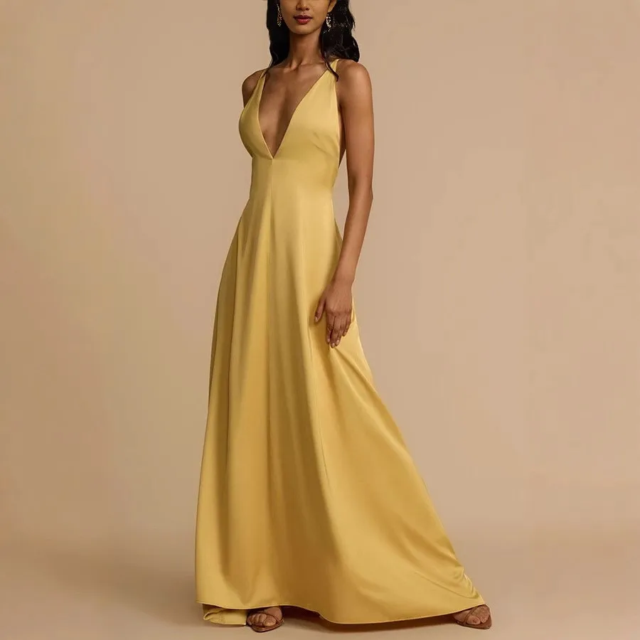 Wedding Guest Dress Elegant Party Prom Women’s Festive Dresses Satin Slip Long Maxi Dress Yellow A Line Skirt Floor Length