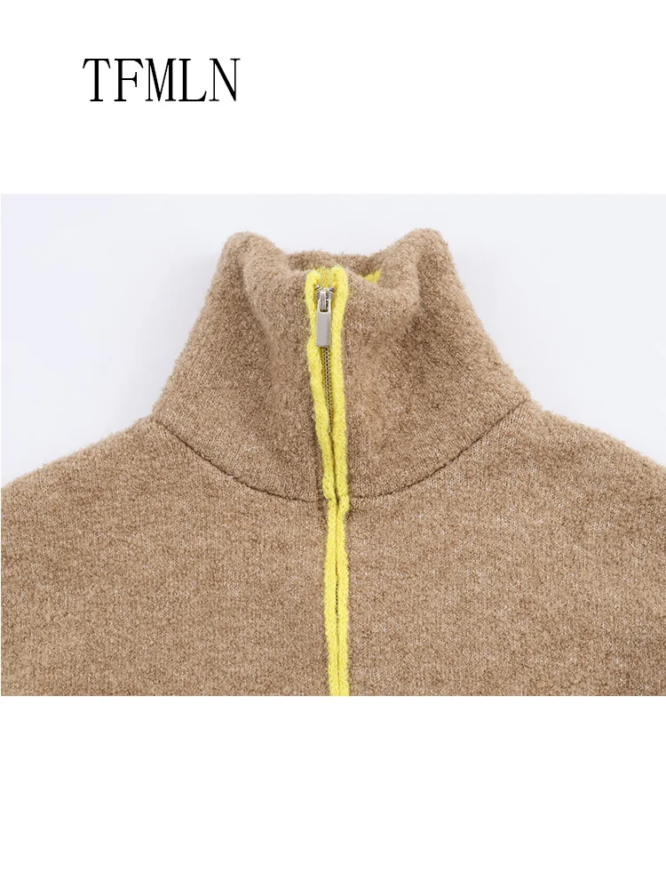 Modny damski sweter dziergany 2025 jesień zima szykowny casualowy z kieszeniami na zamek ciepły kardigan retro luźny stójka