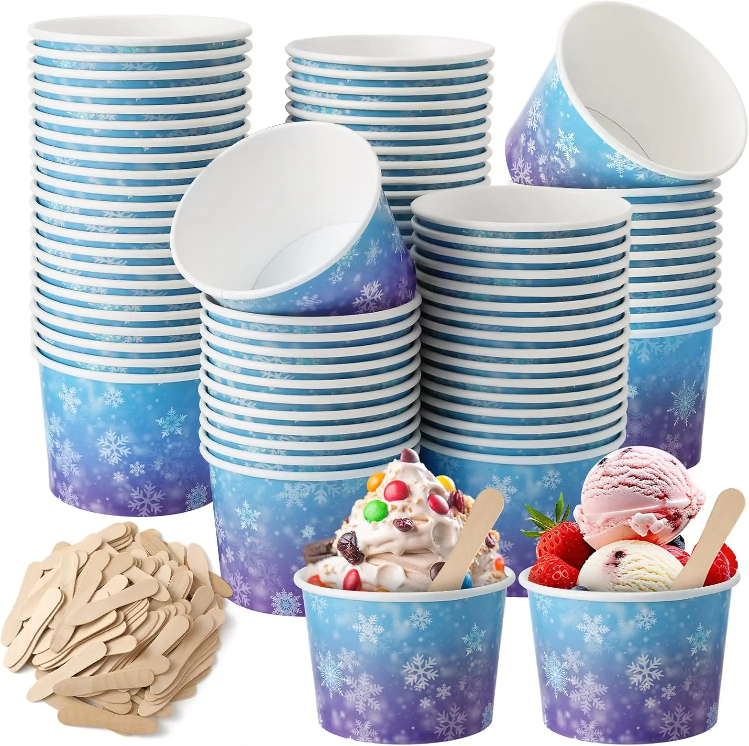 

100 Pack Snowflake Ice Cream Bowls Disposable 11 oz Paper Dessert Cups with Wooden Spoons Sundae Soup Containers for Win