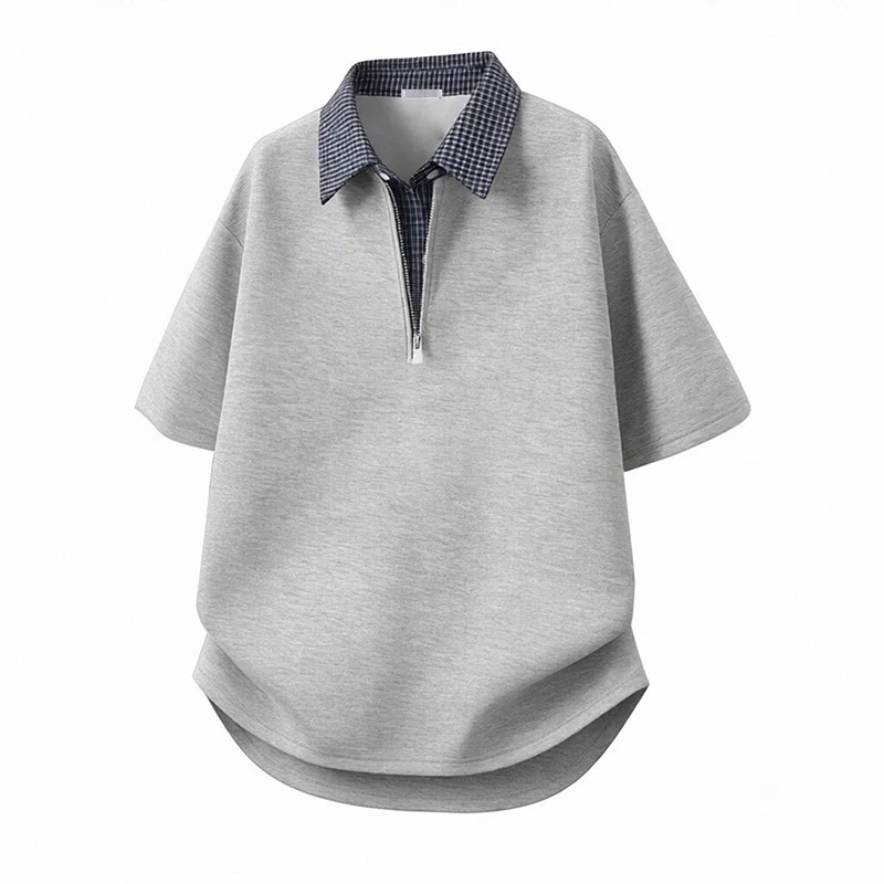 Vintage Plaid Collar T-shirts Half-Zip Polo Shirt Men Streetwear Loose Fit Short Sleeve Casual T-Shirt Tops Basic Unisex Tshirt