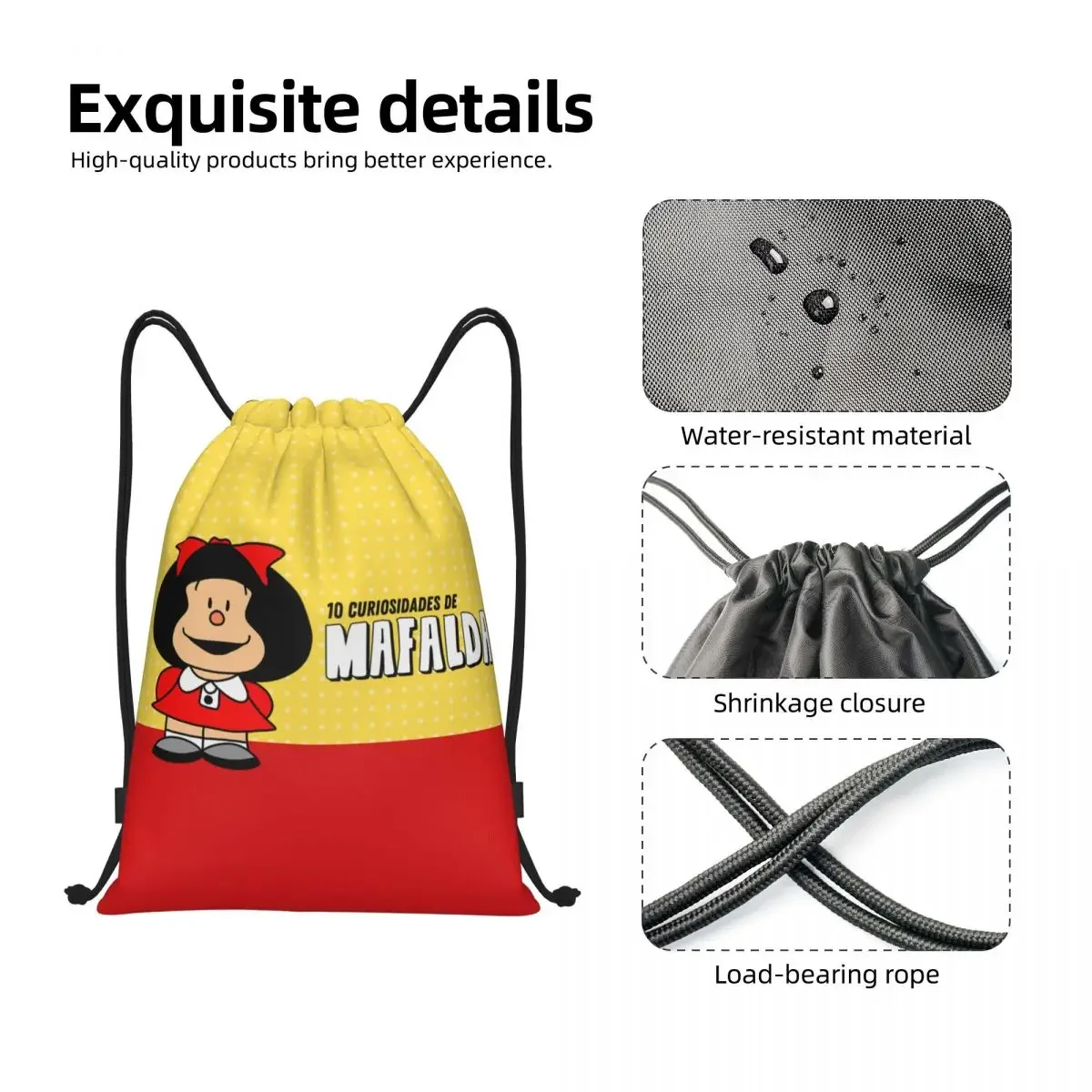 Mochila personalizada Quino Comic Mafalda Drawstring para homens e mulheres, leve, desenhos animados, manga, mochila esportiva, sacos para compras, bolsas