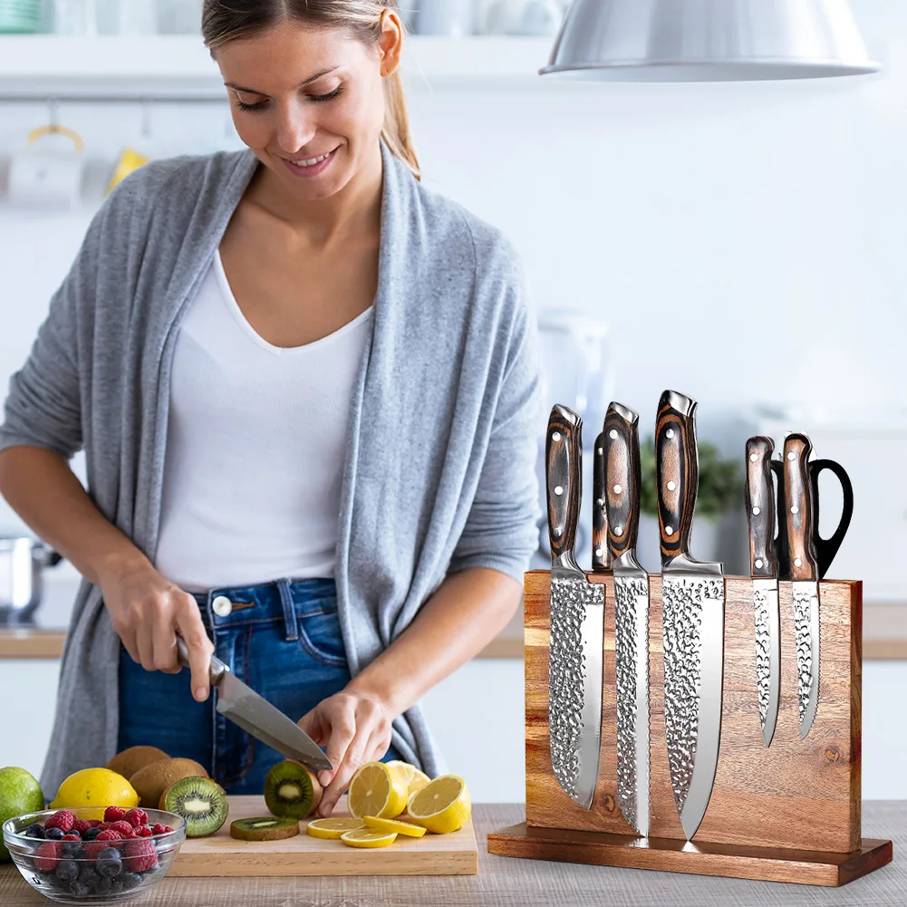 Magnetic Knife Block Double-Sided Wooden Knife Holder Rack Knife Set Holder Stand with Strong Enhanced Magnets for Counter Top