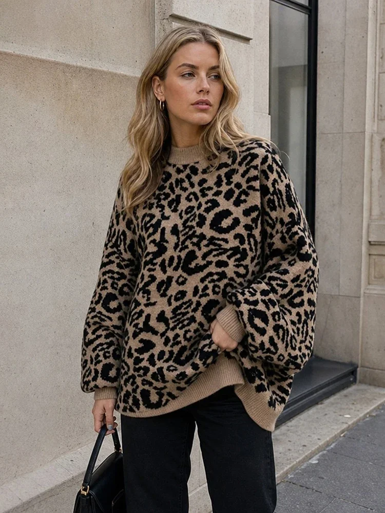 Leopardenmuster-Strickpullover, schicker Rundhals-Langarm-Pullover, lockerer Schnitt, Herbst 2026, neues lässiges Alltags- und Freizeit-Outfit für Damen – Detail 6