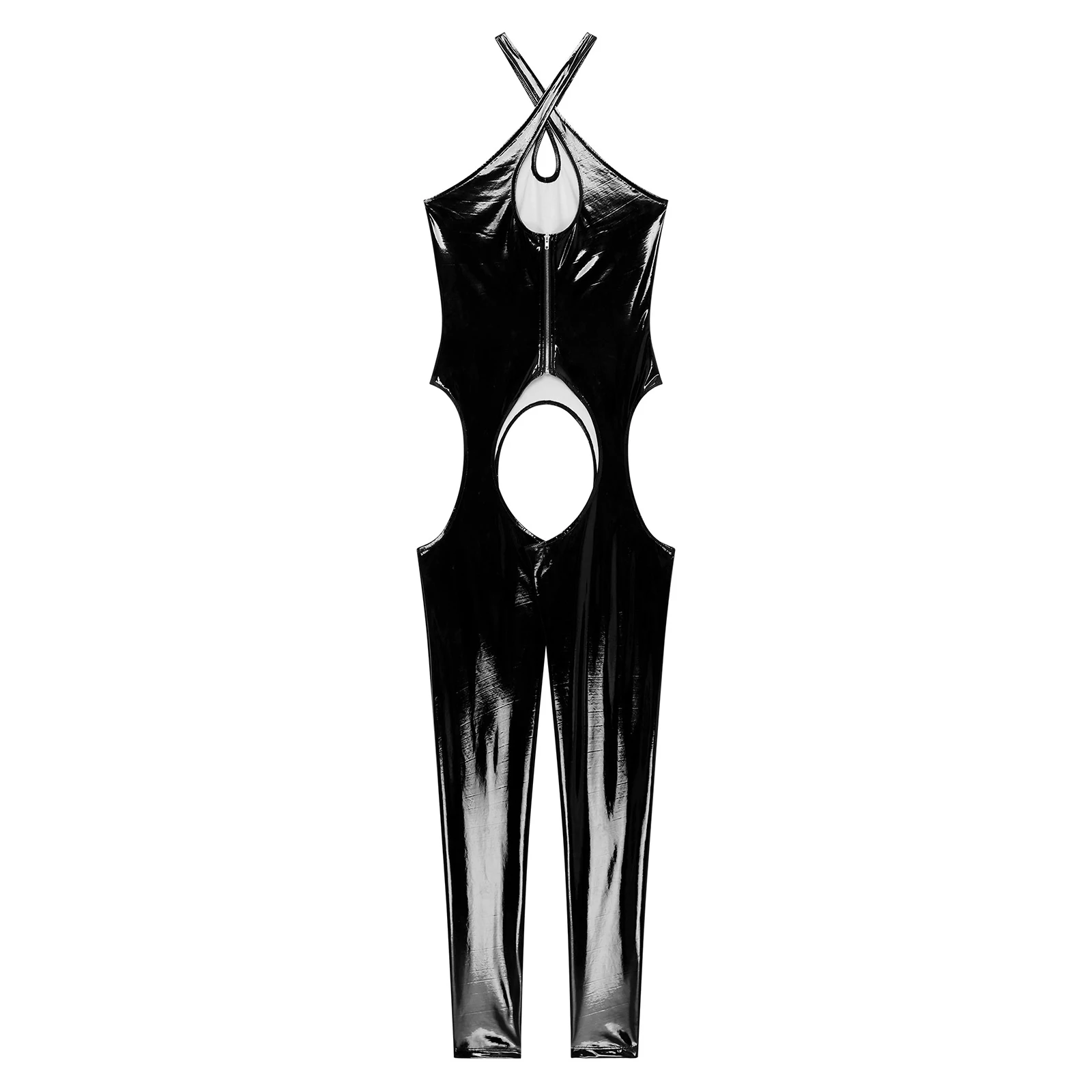 Women Sexy Crotchless Open Butt Bodysuit Wet Look Patent Leather Cutout Jumpsuit Nightclub Party Pole Dancing Costume Nightwear