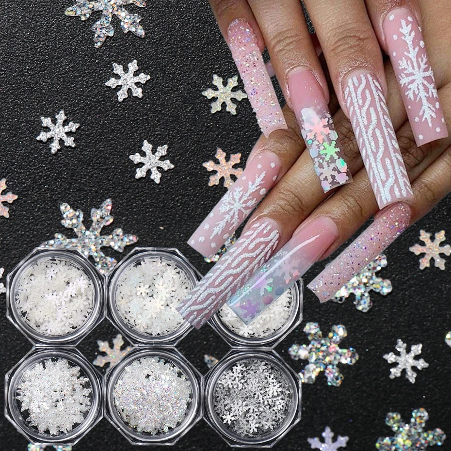 6 Colors Winter Snowflake Nail Art Sequins Elegant Crystal Laser Snowflake Nail Charms Christmas New Year Snowflake Nail Decor