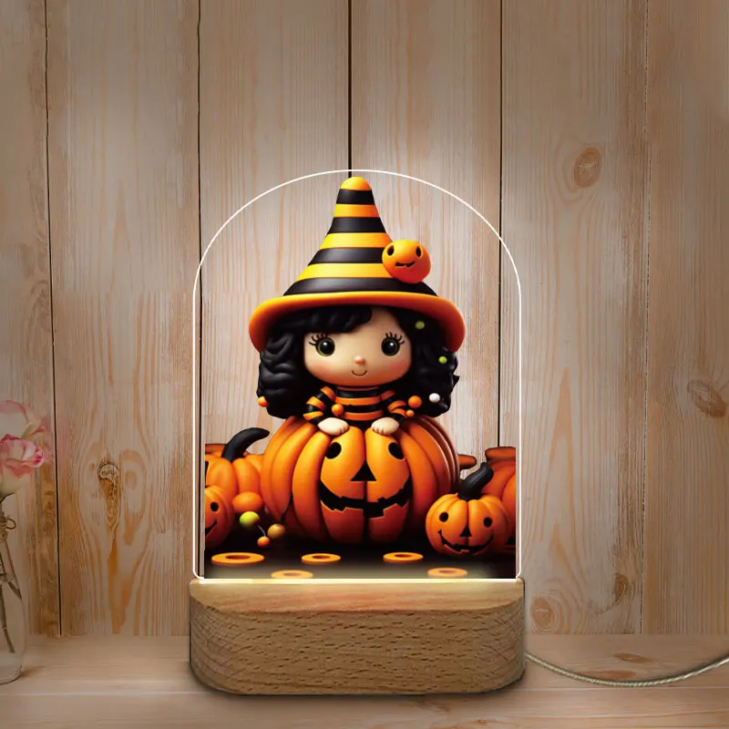 Veilleuse LED USB personnalisée, impression de documents, base en bois, veilleuse pour la maison, la chambre des mères et des bébés, décoration d'Halloween