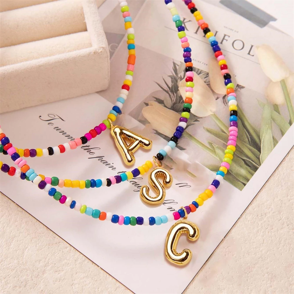Fashion Colorful Initial Necklaces Bohemia Initial Letter Pendant Rainbow Bead Choker For Women Child Summer Jewelry