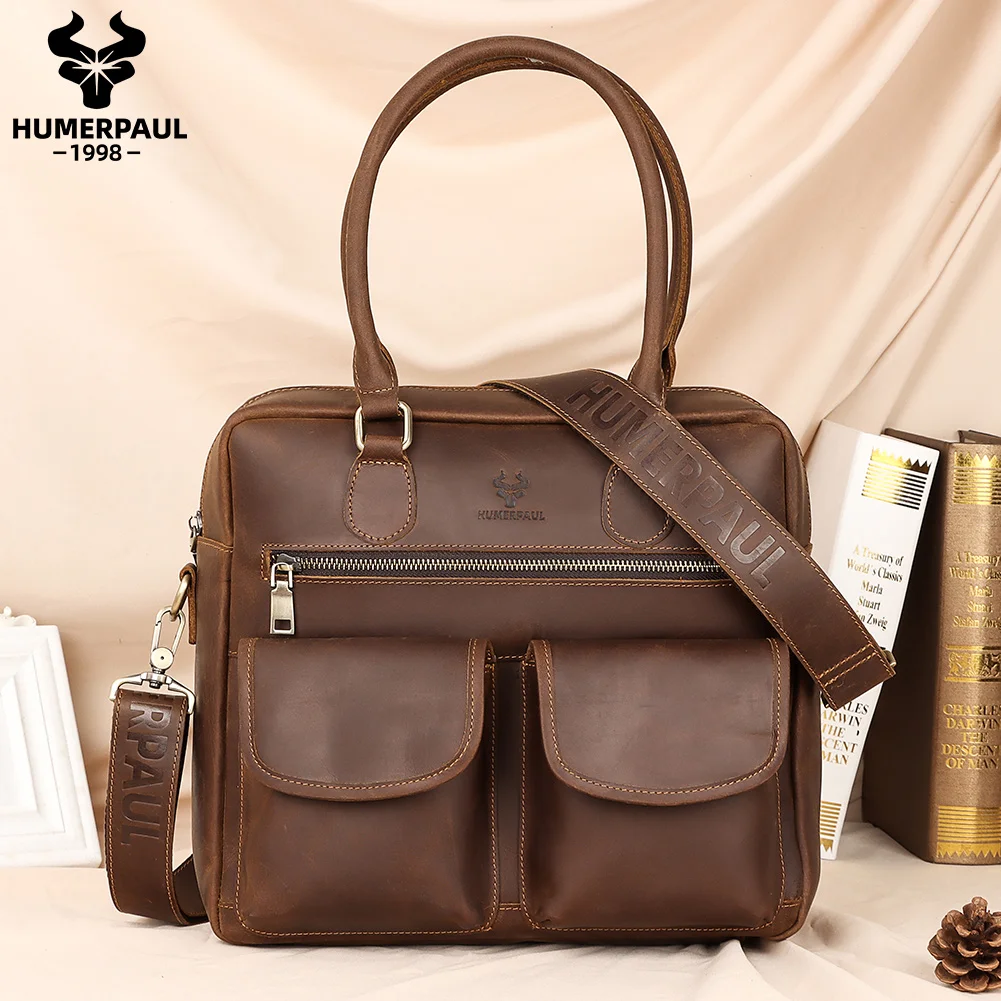 HUMERPAUL Valigetta vintage in vera pelle per uomo Borsa a tracolla per laptop da lavoro con tasche multiple Borsa tote stile retrò