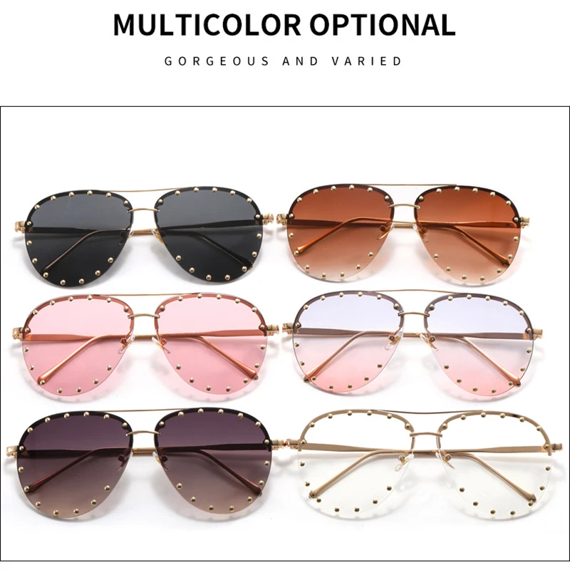 2022 Fashion Rimless Pilot Sunglasses Women Vintage Luxury Brand Design Diamond Cutting Lens Rivet Sun Glasses For Female UV400