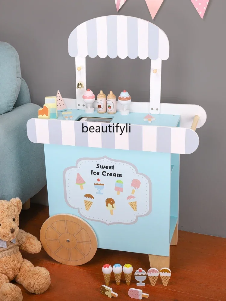 Carro de helado de simulación de madera para niña, carrito de cocina, carrito de helado, juguetes para niños