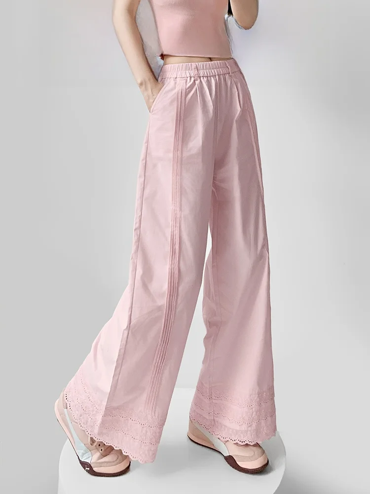 Pantaloni lunghi floreali dimagranti a vita alta casual da donna con patchwork di pizzo originale da tè primaverile estivo