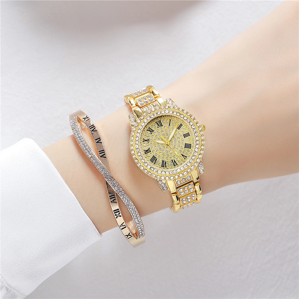 Luxo estrela cheia com diamantes relógios femininos moda roman senhoras relógio de quartzo rosa ouro aço inoxidável pulseira relógio wristwatche