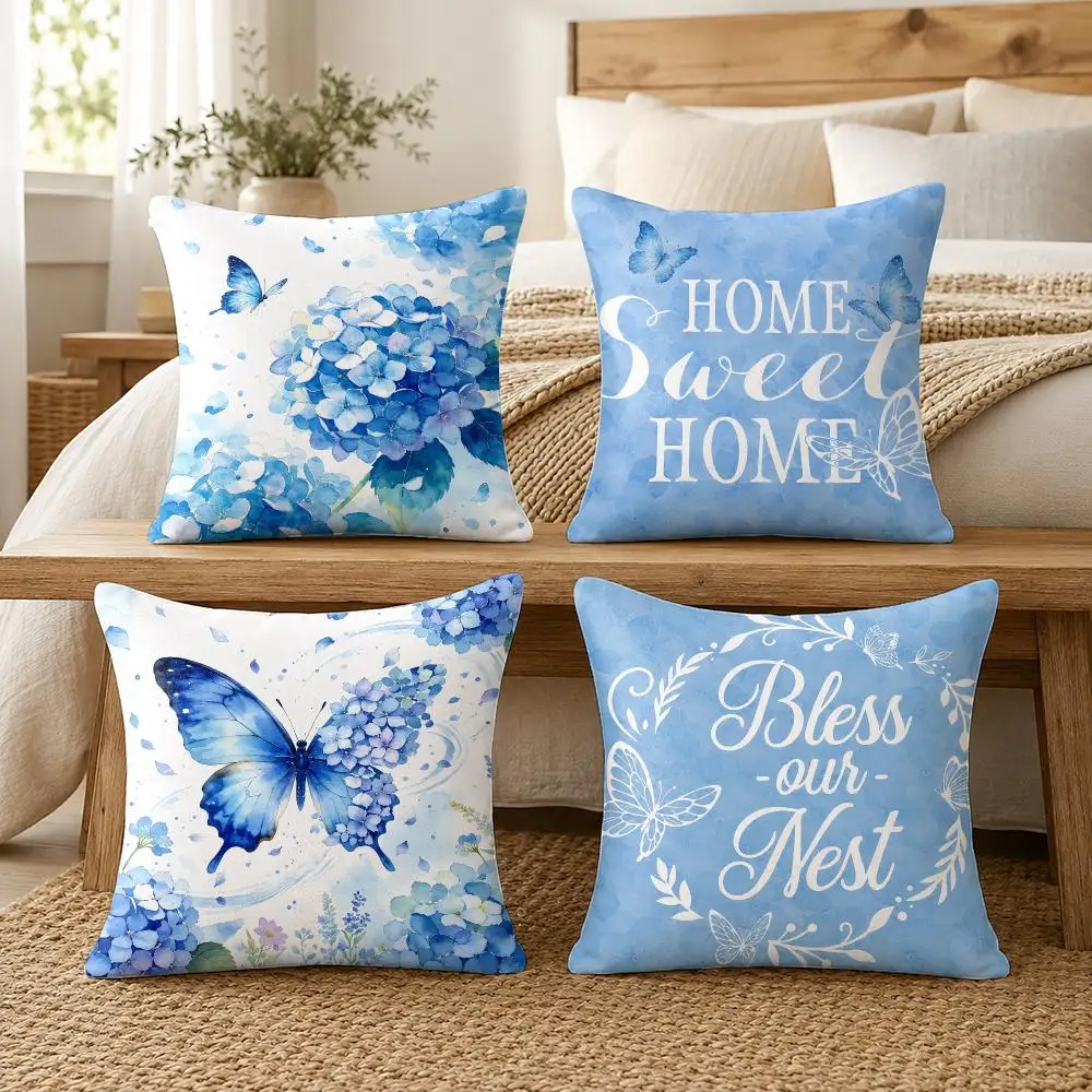 Blue Watercolor Hydrangea Cushion Cover Silky Short Plush Invisible Zipper Dustproof Sofa Pillow Case For Home Decor
