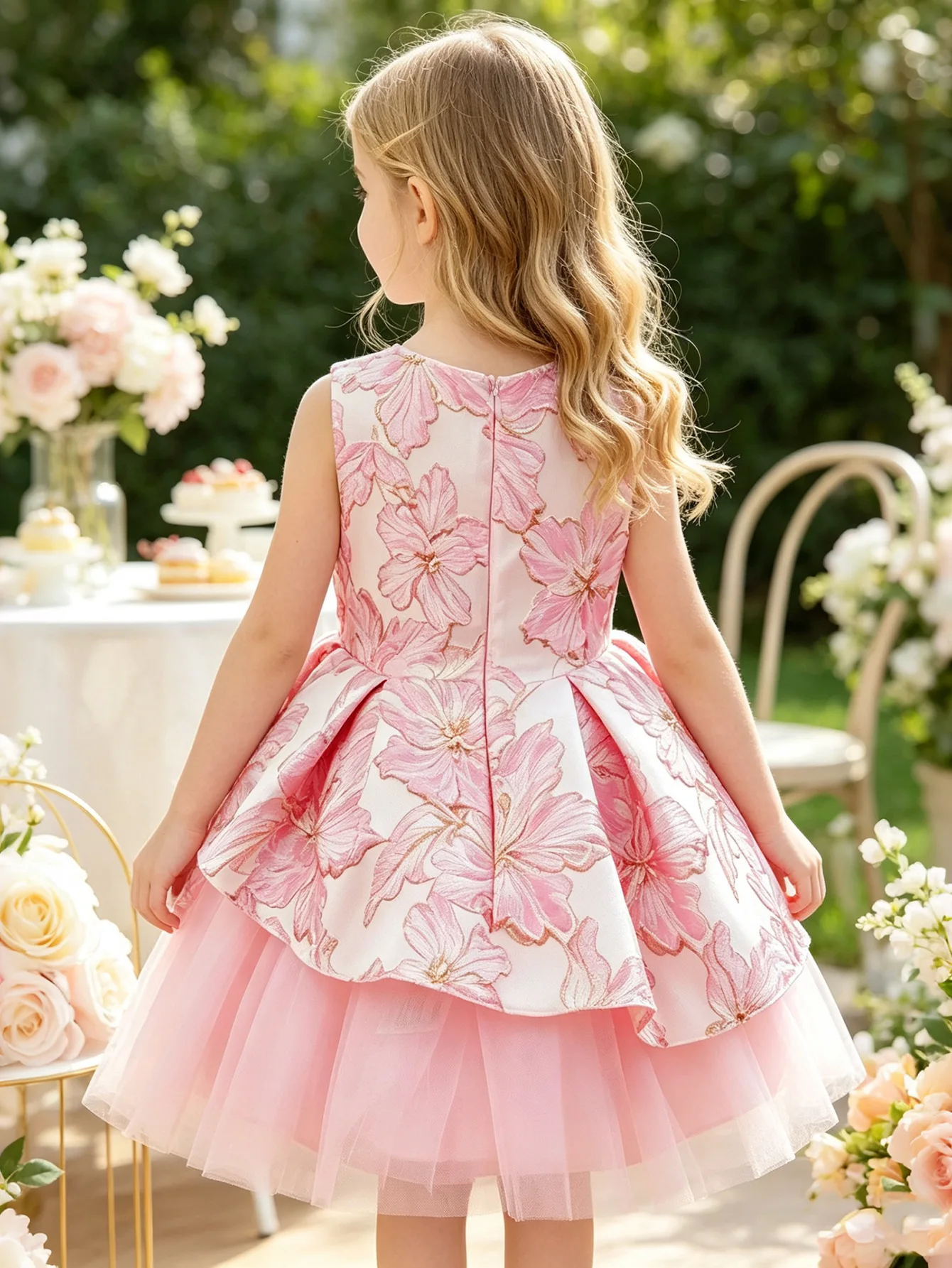 HETISO Princess Girls Floral Dress Pink Mesh Fluffy Sleeveless Kids Birthday Party Ball Gowns Children's Special Occasion