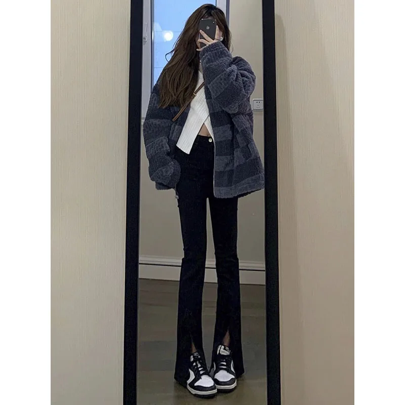 

High Waist Slim Fit Black Denim Jeans Women's Spring Autumn Elastic Slit Micro Flared Pants Korean Style INS Design Sensation