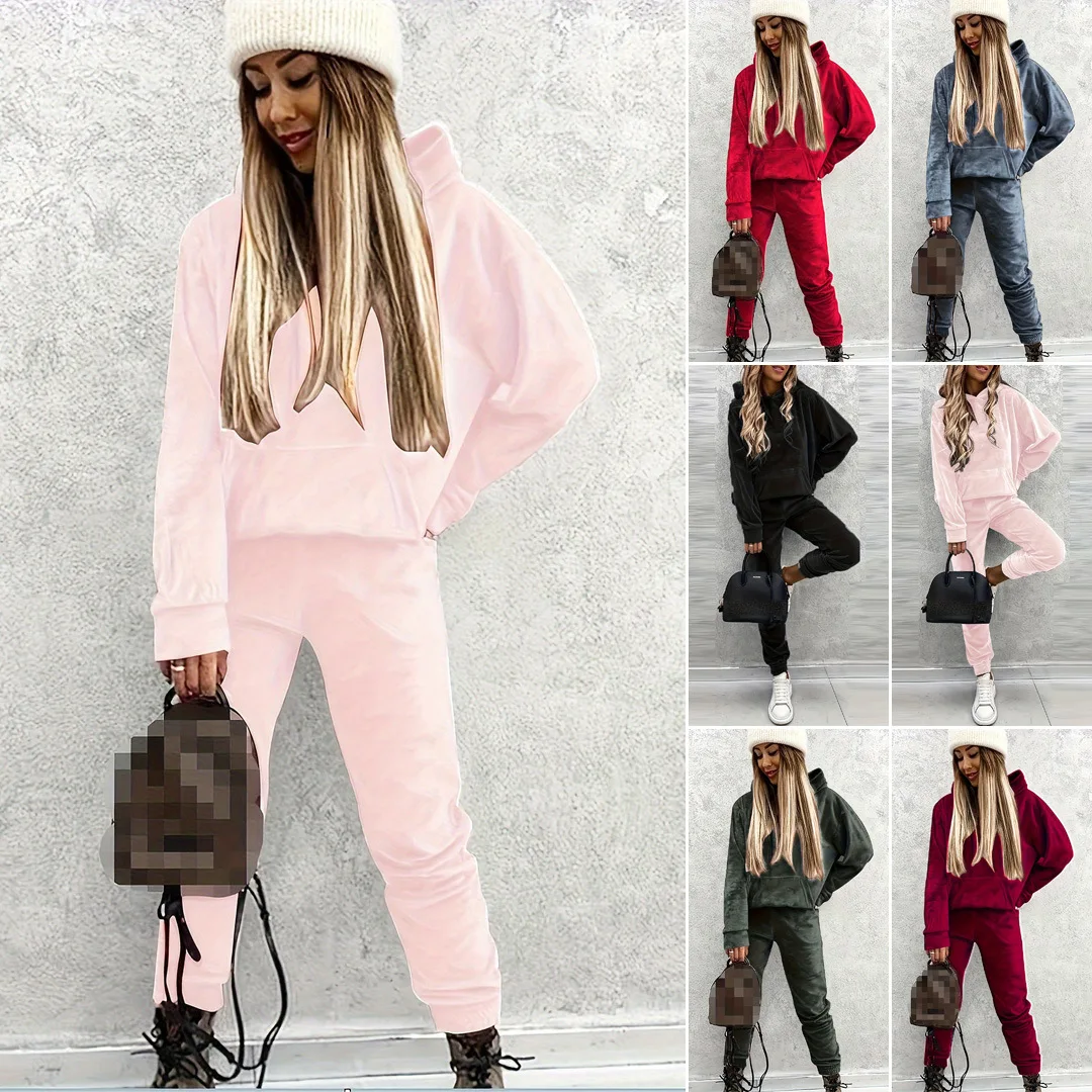 

Women Sports Suit Hooded Sweatshirt Pants 2 Piece Sets Pocket Hoodie Top Trousers Outfits Sportswear Autumn Winter Tracksuit