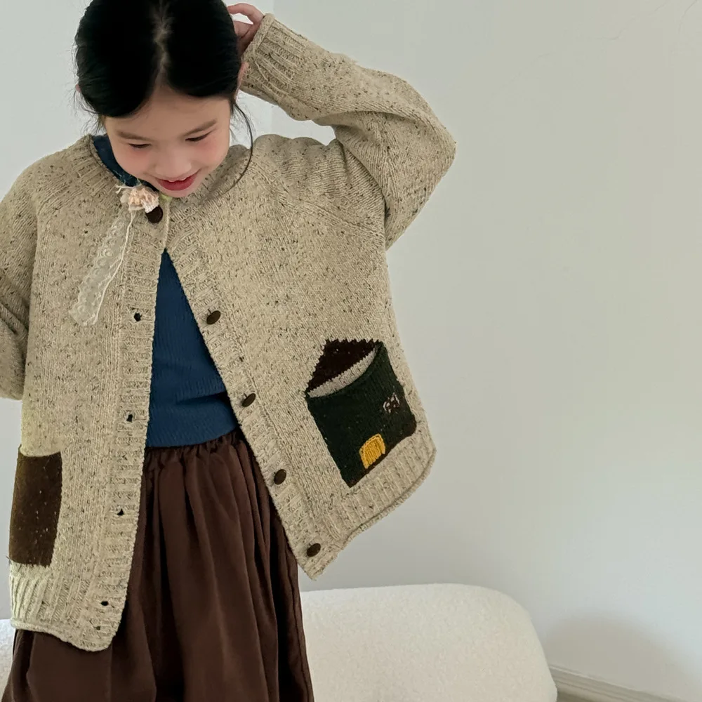 

Children Girls Sweater 2025 Autumn Patchwork Pockets Kids Babys Girls Open Stitch Coats Loose Versatile Toddler Girls Cardigan