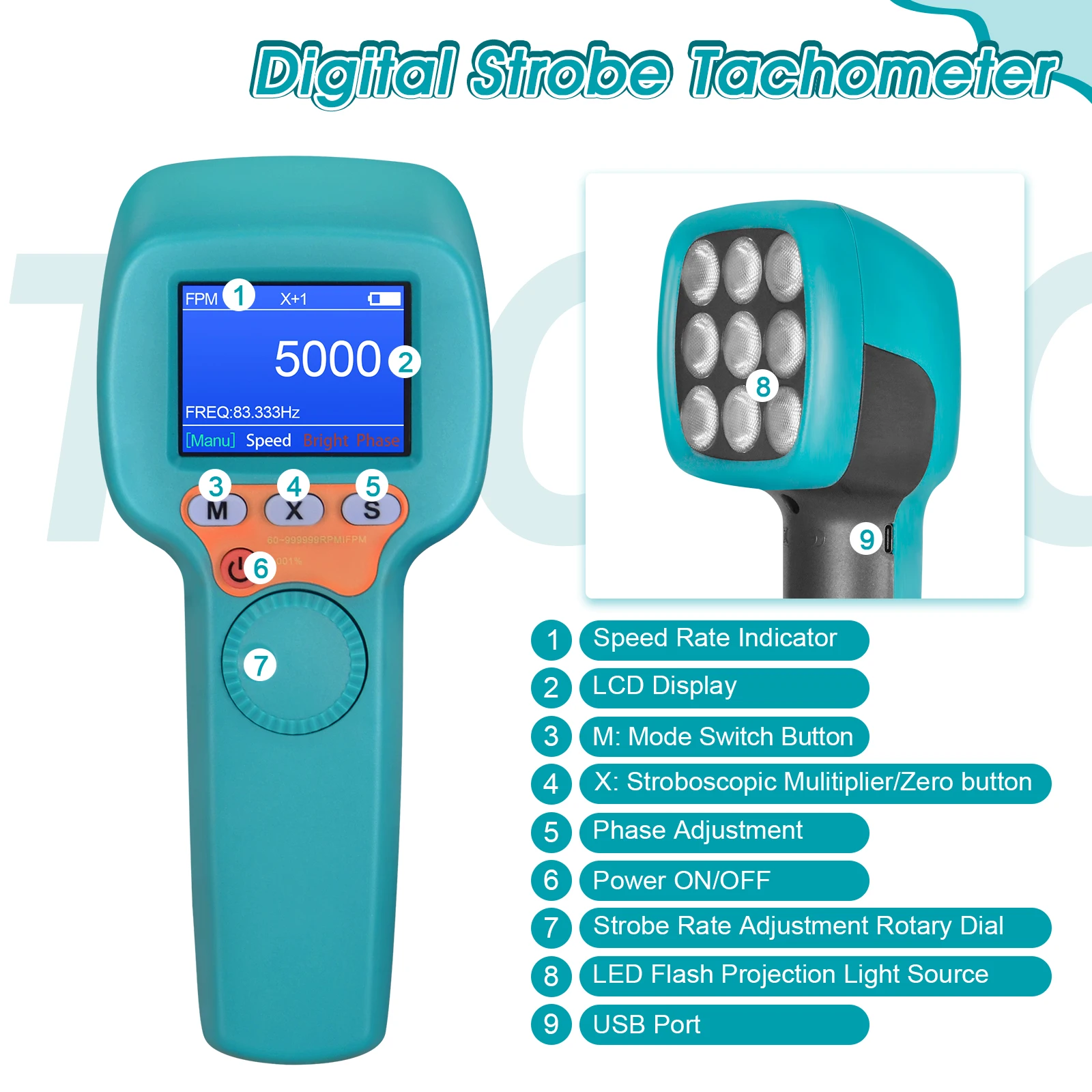 HP-DT100B Digital LED Stroboscope Tachometer 60-999999RPM 0.001% High Accuracy Non Contact Flash Strobe Tester 1500LUX LCD Color