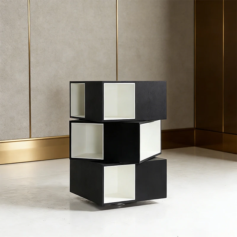 Three-tier rotating cabinet, black-and-white rotating storage cabinet, creative geometric bedside cabinet