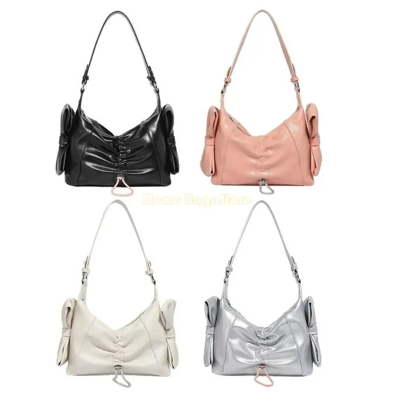 

X90D Women Bag Sweet Bows Shoulder Bag PU Leather Armpit Bag Satchel Purse Pleated Underarm Bag Top Handle Bag for Travel