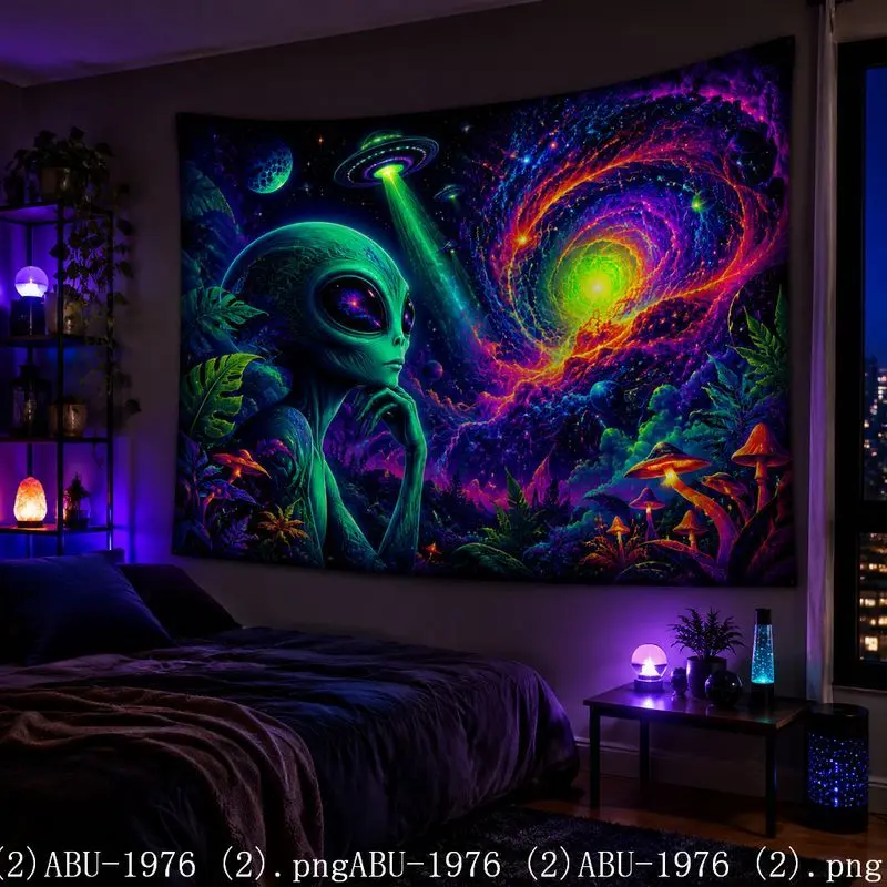 Psychedelic Alien Space Galaxy Tapestry Universe UV Glow Wall Hanging Bedroom Gaming E-Sports Home Decor