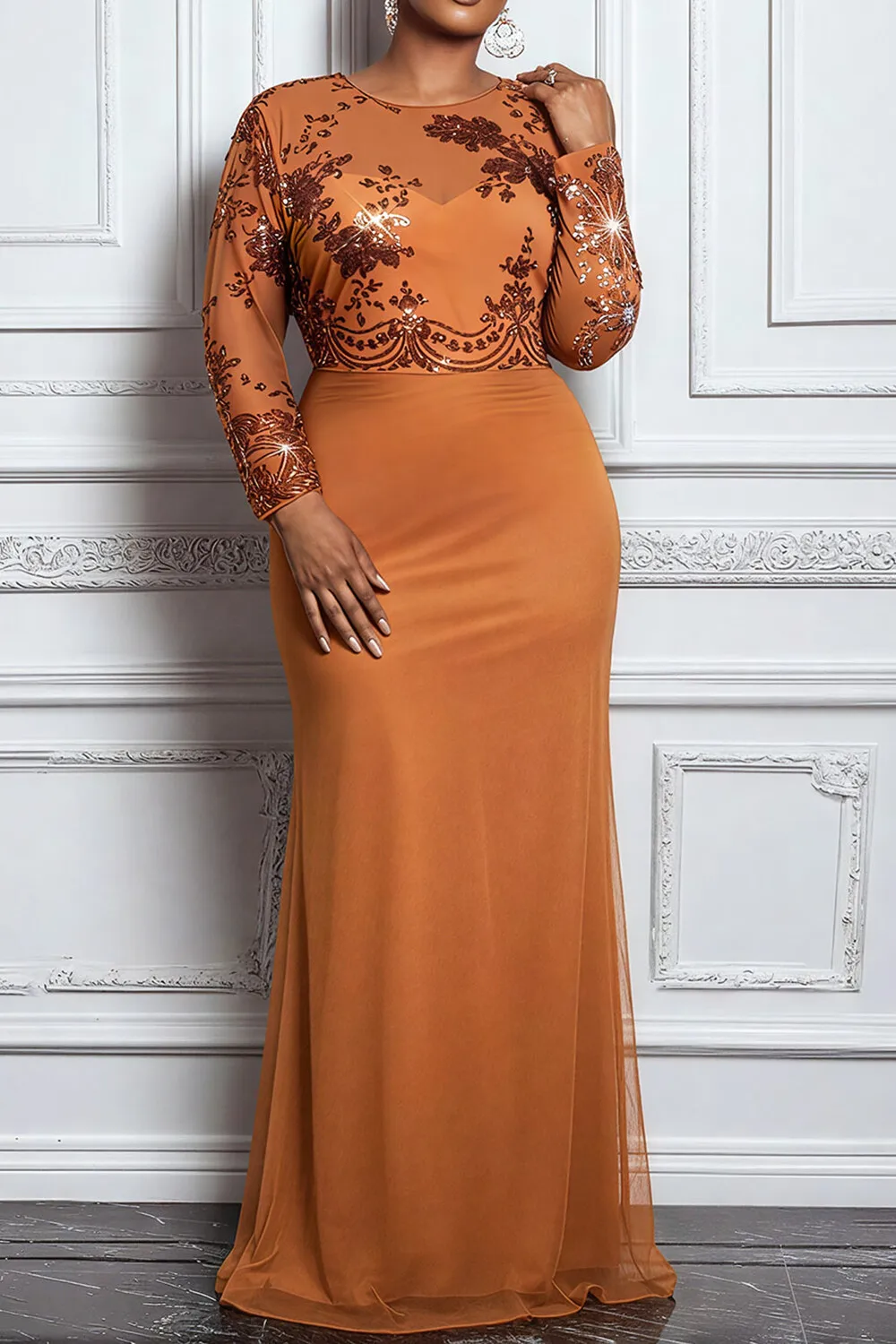 Vestidos largos de lentejuelas elegantes ajustados de manga larga con cuello redondo marrón para madre de la novia de talla grande