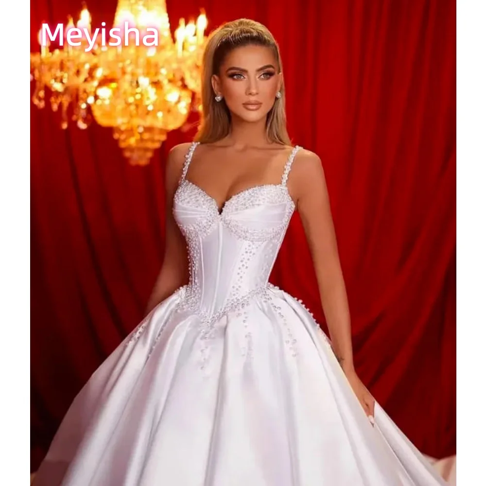 Customized ZJ6093 Luxury Satin Wedding Gowns With Pockets 2026 Princess Bridal Dress Crystal Lace Bodice Spaghetti Straps