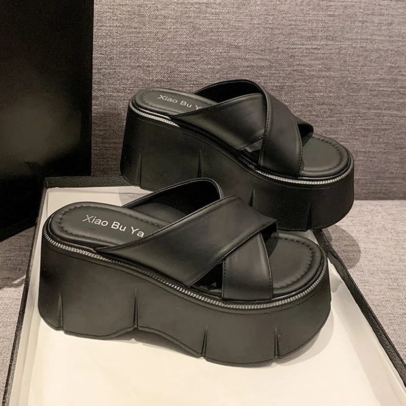 

Summer Women Lady Cross Strap Chunky Platform Wedge Slides Mules Open Toe Thick Block Sole Minimal Casual Sandals Slippers Shoes