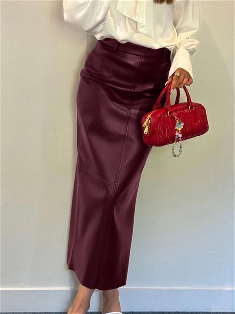 PU Leather High Waist Maxi Skirt Female Solid Patchwork Slim Luxury Commute Streetwear  Summer Y2k Long Skirt Clothes