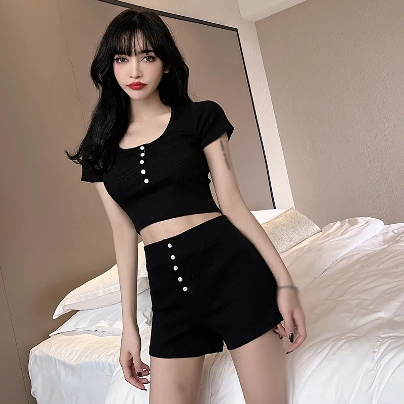 

Women Crop Top Shorts Set Bodycon High Waist Shorts Casual Short Sleeve Top Outfits for Women One Size 2 Piece Set